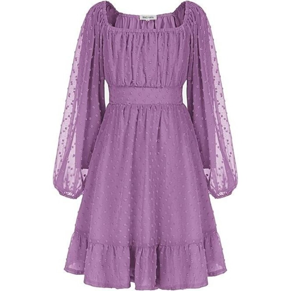 GRACE KARIN Girls Ruffle Tiered Dress 12 LARGE  Plum Long Sleeve Swiss Dot Flowy